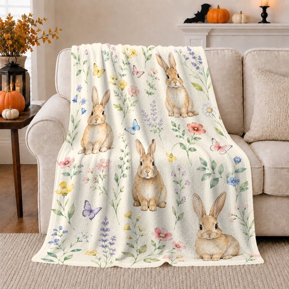 Whimsical Brown Rabbits Watercolor Botanical, Festive Botanical Garden Scene, Warm Flannel Blanket for Sunroom and Reading Nook, Garden Lovers Housewarming Gift, Botanical Home Decor