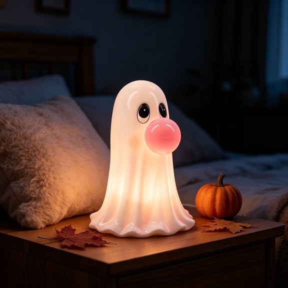 Whimsical Bubblegum Ghost LED Night Light, Compact 7.1 Inch Plastic Battery Operated Design, For Halloween Bedroom Hallway Shelf Display and Party Tabletop, White