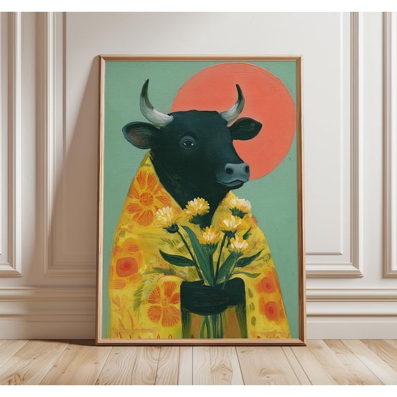 whimsical-bull-floral-folk-boho-wall-art-print-versatile-botanical