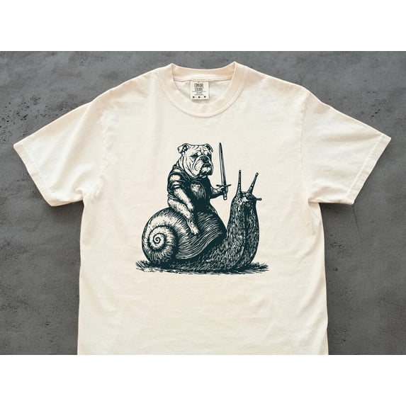 Whimsical Bulldog Knight Riding Snail T-Shirt – Funny Retro Gift for Dog Lovers