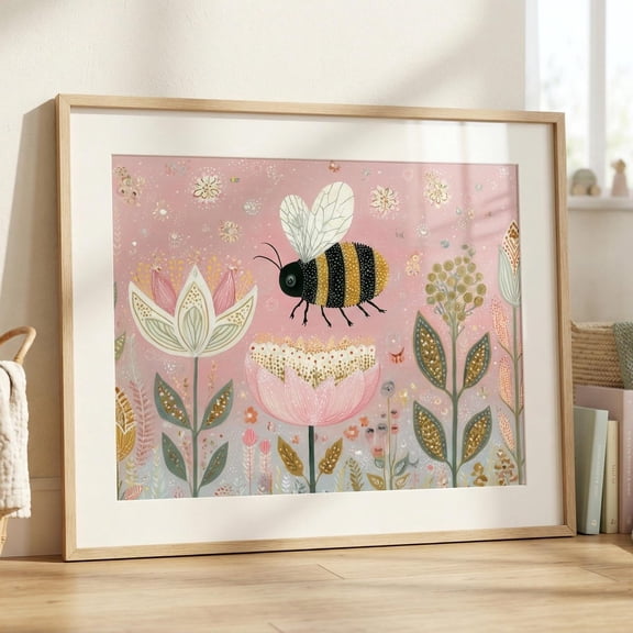 Whimsical Bumble Bee Wall Art Pastel Floral Nursery Print Blush and Green Boho Room Decor (Physical Mailed Print)