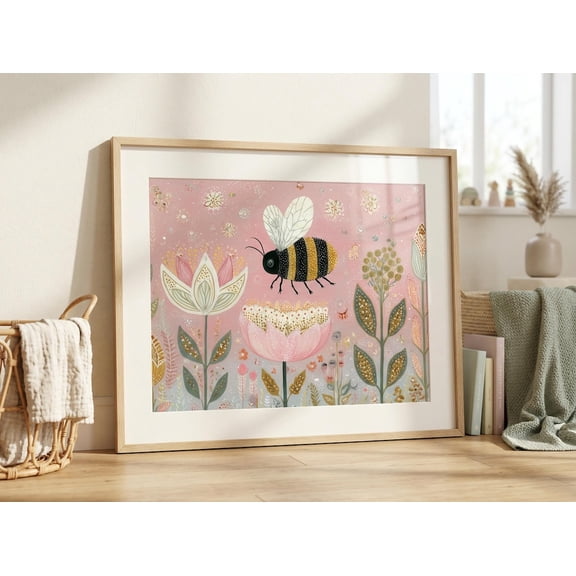 Whimsical Bumble Bee Wall Art, Pastel Floral Nursery Print, Unframed Paper Poster 8x10in