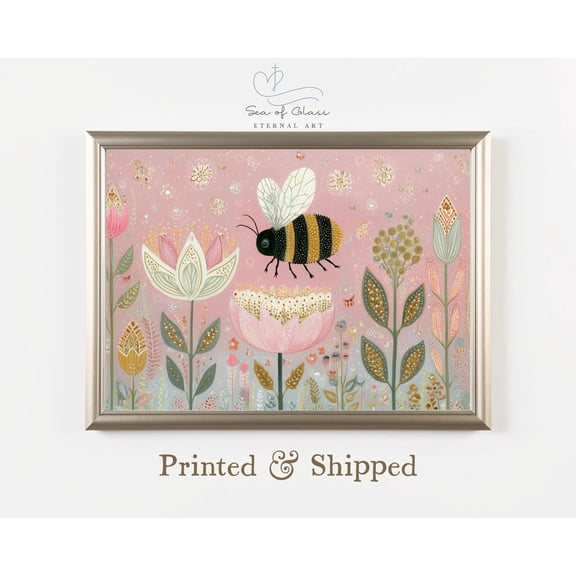 Whimsical Bumble Bee Wall Art Poster – Pastel Floral Nursery Print Poster, Blush And Green Boho Room Decor, (Physical Mailed Print Poster) Warm Present Vintage UNFRAMED Poster Size 24x36