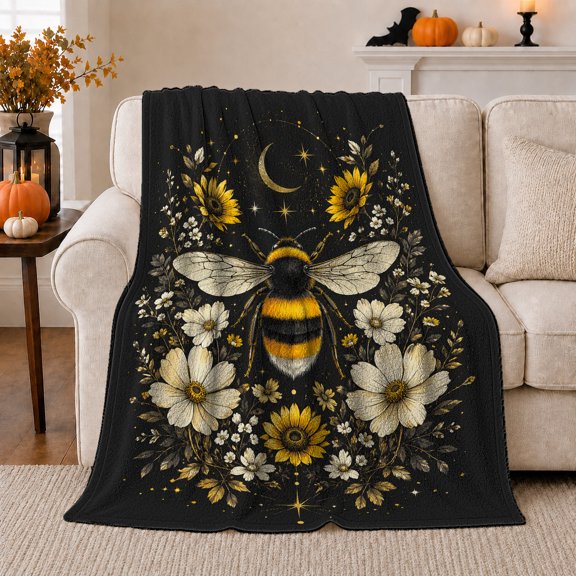 Whimsical Bumblebee Sunflower Moon Garden, Mystical Celestial Art Scene, Warm Flannel Blanket for Sunroom and Reading Nook, Celestial Art Lovers Housewarming Gift, Celestial Home Decor