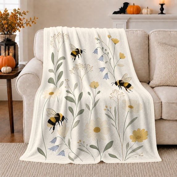 Whimsical Bumblebee Wildflower Garden Party Motif, Peaceful Botanical Garden Scene, Warm Flannel Blanket for Sunroom and Reading Nook, Garden Lovers Housewarming Gift, Botanical Home Decor