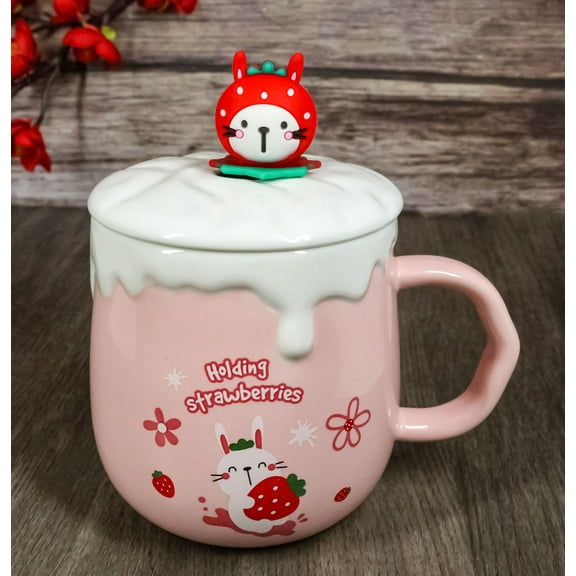 Whimsical Bunny Rabbit Hiding Strawberries Ceramic Mug Cup With Lid And Spoon