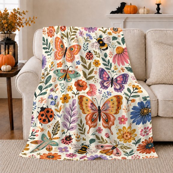 Whimsical Butterflies Ladybugs Bees Flowers Cream, Cozy Friendship Quote Scene, Warm Flannel Blanket for Living Room and Reading Nook, Art Lovers Friendship Gift, Artistic Home Decor