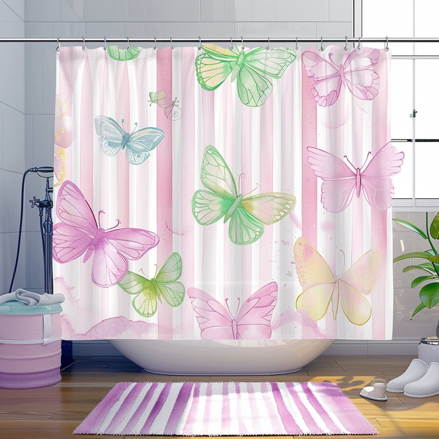 Whimsical Butterfly Bathroom Set: Pastel Watercolor Decor with Striped ...