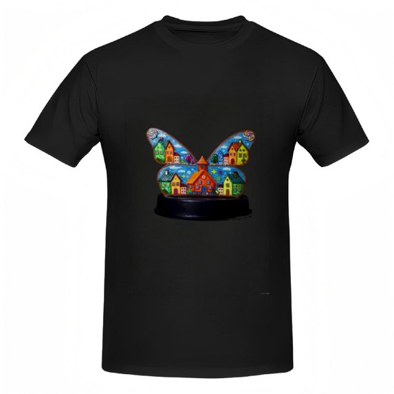 Signetis Unisex Whimsical Butterfly Houses Graphic Tee, Black, Short Sleeve