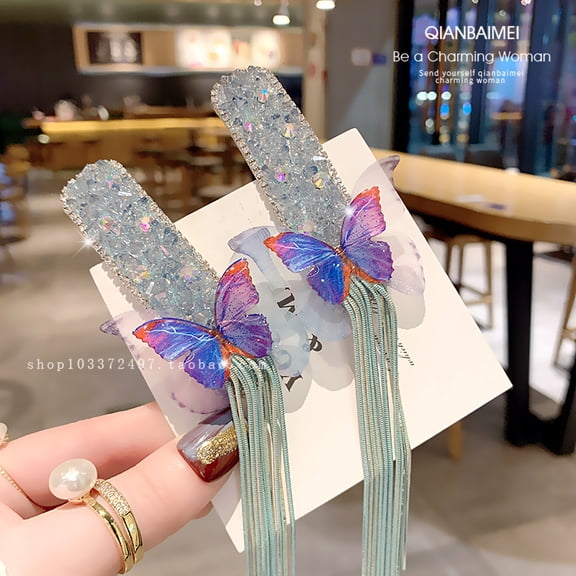 "Whimsical Butterfly Tassel Hair Clip - Sparkling Rhinestone Crystal Side Barrette, Soft & Dreamy Fringe Accessory"