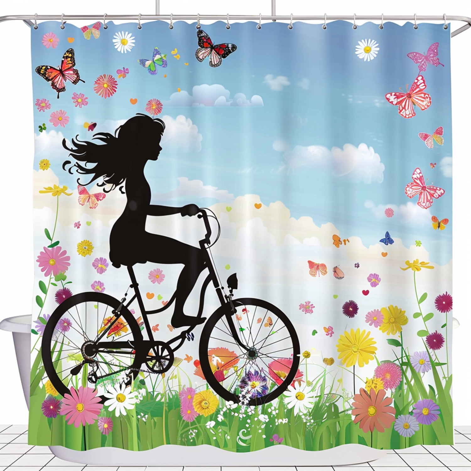 Whimsical Butterfly and Flower Bike Ride Shower Curtain Set Colorful