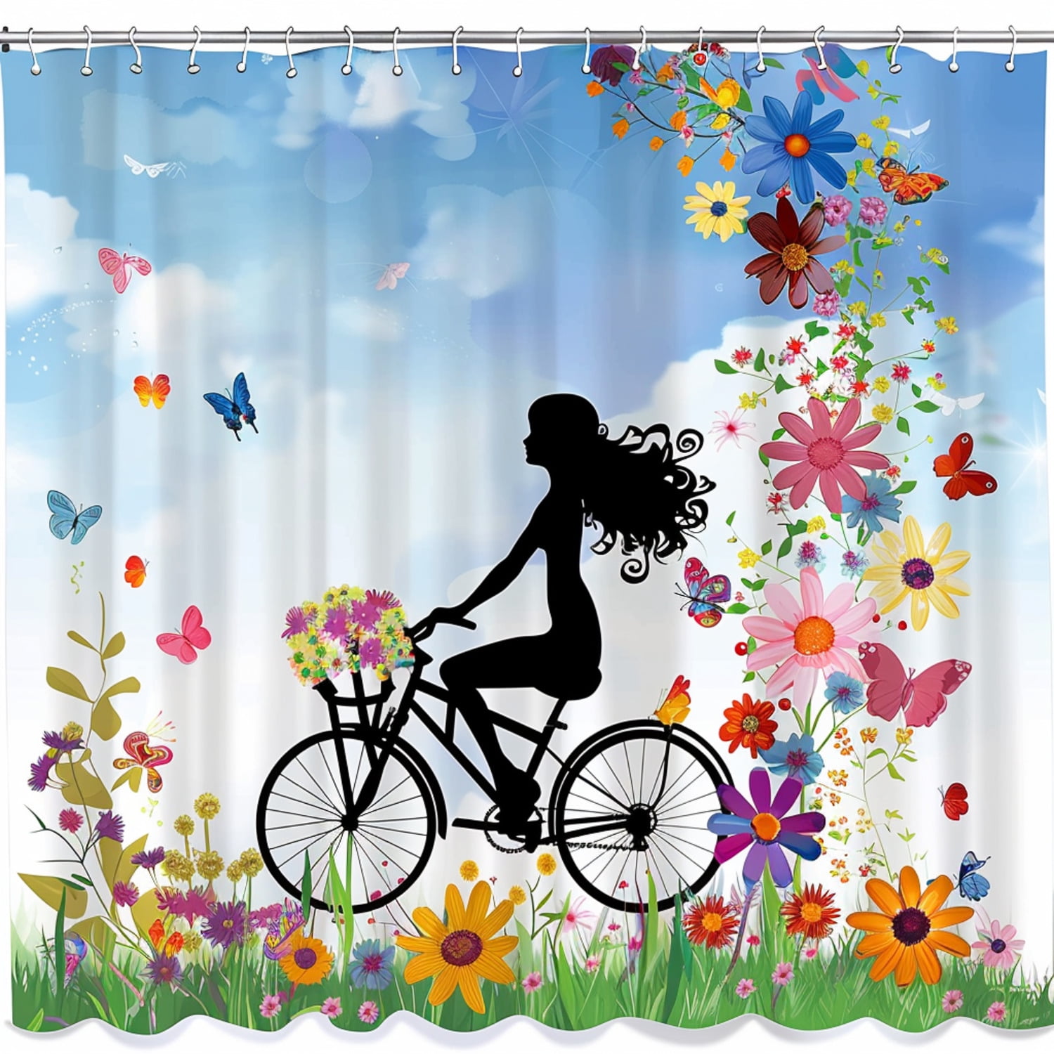 Whimsical Butterfly and Flower Bike Ride Shower Curtain Set Colorful