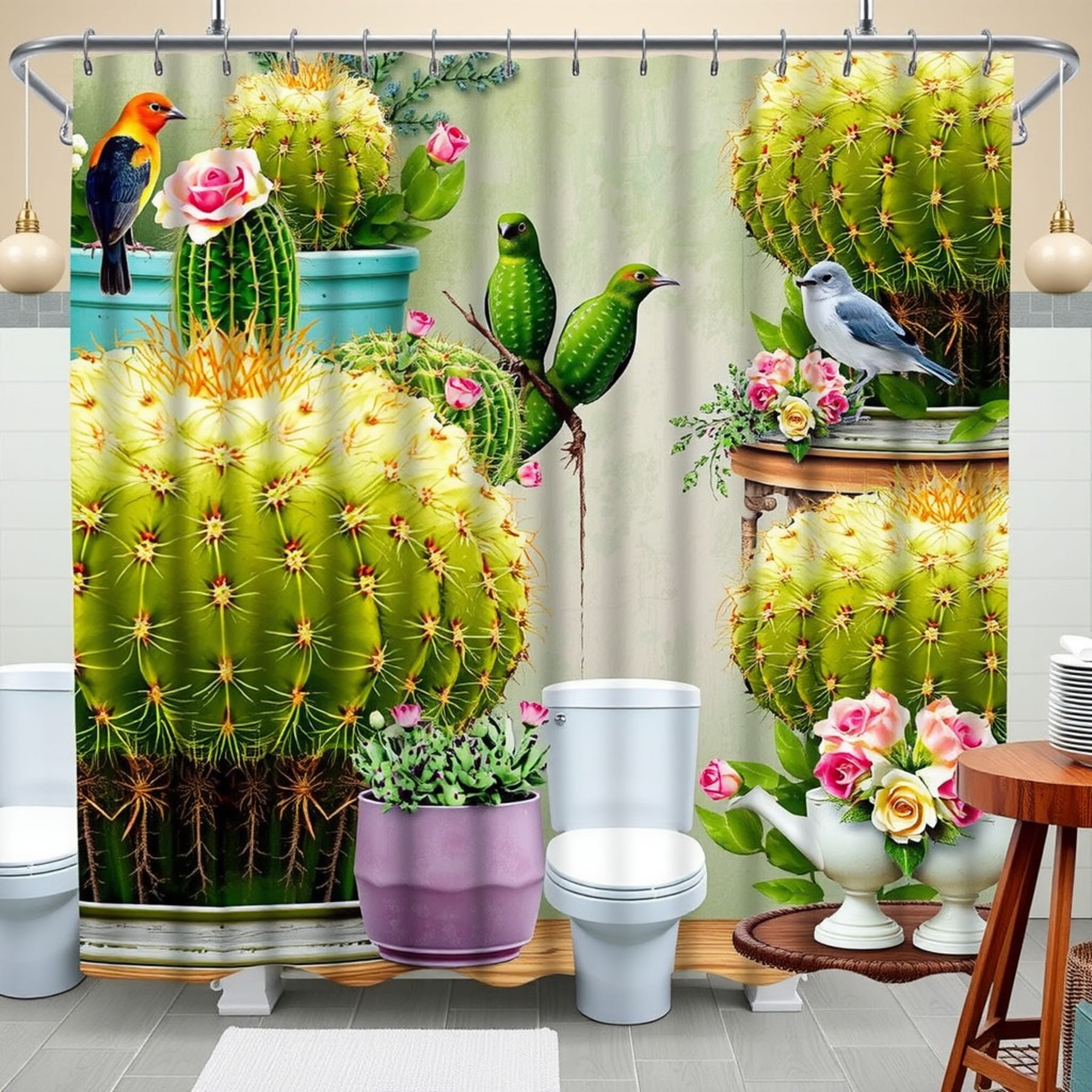 Fun Frog & Lemon Shower Curtain – Whimsical Botanical Print With Birds, Citrus Trees | Cottagecore Coastal Bathroom Decor - View #3