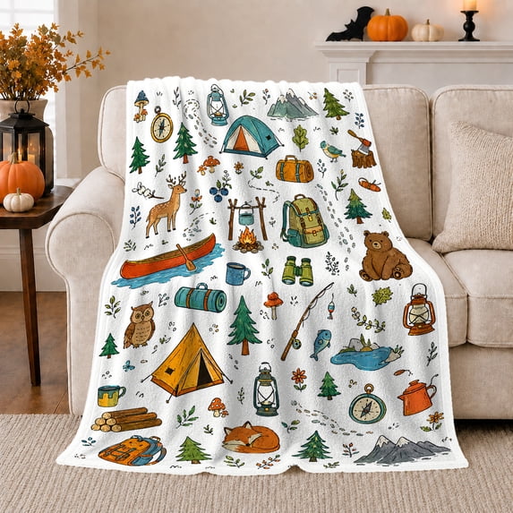 Whimsical Camping Adventure Doodle Pattern Deer Tents Outdoor, Rustic Camping Scene, Warm Flannel Blanket for Cabin and Lodge, Outdoor Lovers Valentine's Day Gift, Rustic Home Decor