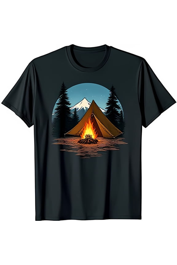Whimsical Camping Scene Graphic T-Shirt Campfire & Tent Design on Black Tee