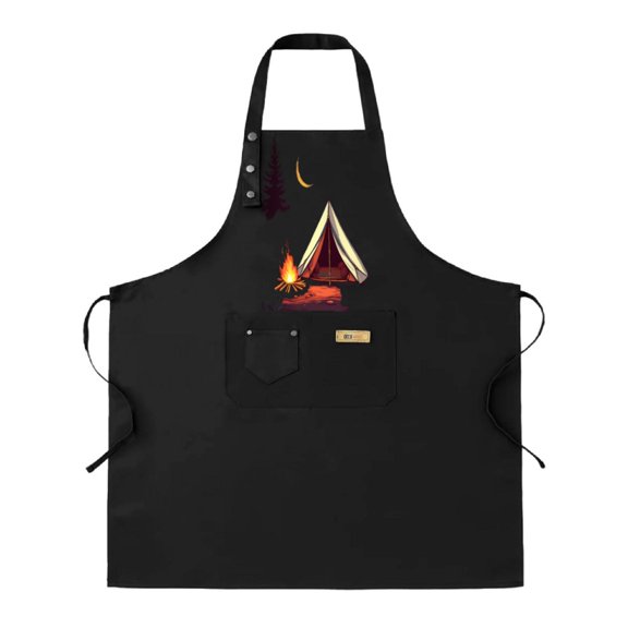 Whimsical Camping Theme 2-Pack Bib Apron Set - Adjustable with 2 Pockets Featuring Tent Moon Campfire & Pine Trees for Cooking