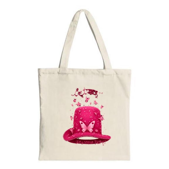 Whimsical Canvas Tote Bag - " ALL MAD HERE " in vibrant pink & orange featuring playful crown mushroom candy pink creature