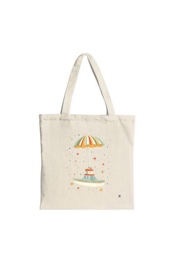 Whimsical Canvas Tote Bag with Boat Under Striped Umbrella Colorful Stars & Dots - Perfect for Shopping Travel & Parties