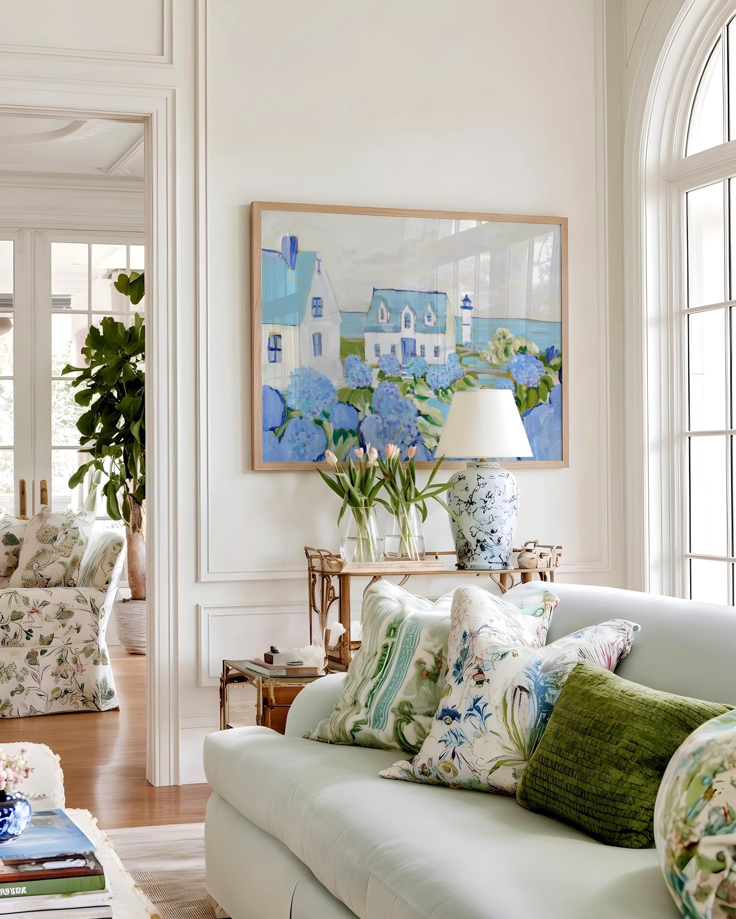 Whimsical Cape Cod Lighthouse Blue Hydrangea Coastal Nantucket Beach ...
