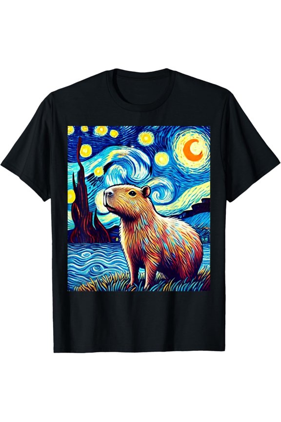 Whimsical Capybara Starry Night Inspired Graphic Tee – Unique Art Style T-Shirt