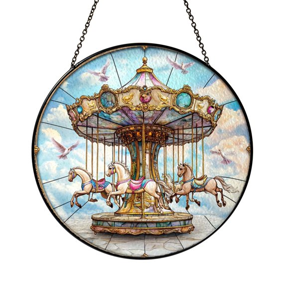 Whimsical Carousel Window Hanging Decor, Stained Glass Style Decorative Suncatcher Panel for Nursery