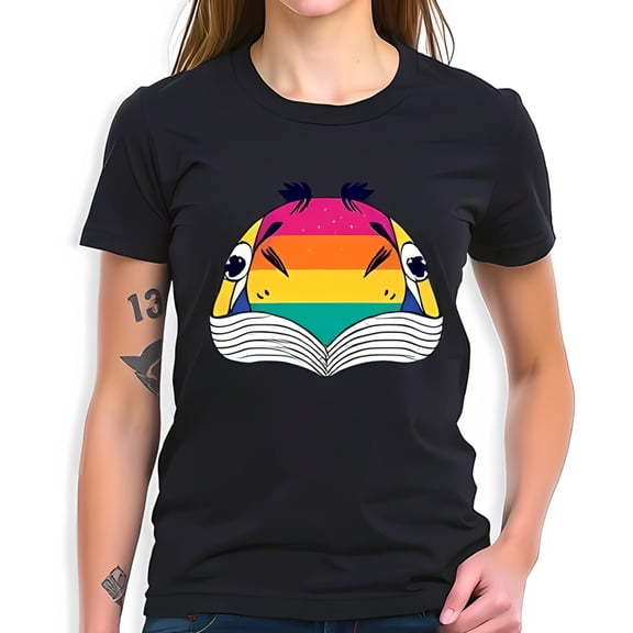 Whimsical Cartoon Book Character Cotton Short Sleeve T-Shirt with Bright Colors and Bold Stripes