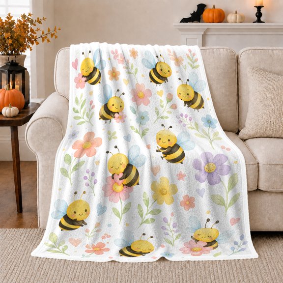 Whimsical Cartoon Bumblebees Colorful Flowers, Festive Botanical Garden Scene, Warm Flannel Blanket for Sunroom and Reading Nook, Garden Lovers Housewarming Gift, Botanical Home Decor