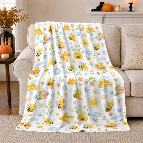 Whimsical Cartoon Bumblebees Honeycomb Pattern, Playful Botanical Garden Scene, Warm Flannel Blanket for Sunroom and Reading Nook, Garden Lovers Housewarming Gift, Playful Home Decor