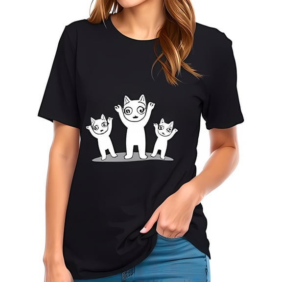 Whimsical Cartoon Cat Design Cotton Short Sleeve T-Shirt - Playful 3 Cat Characters Fun & Casual Style