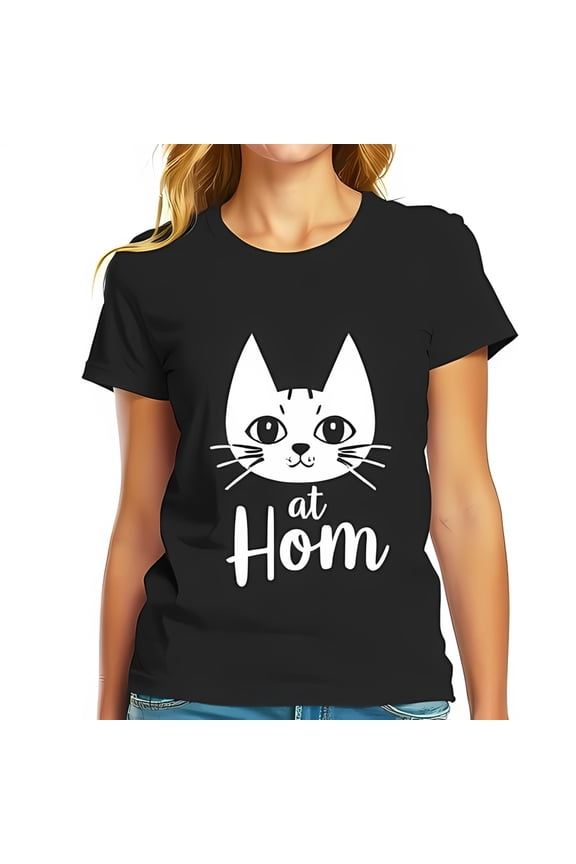 Whimsical Cartoon Cat Face Cotton Short Sleeve T-Shirt with 'at Hom' Script - Casual & Playful Design for Cat Lovers