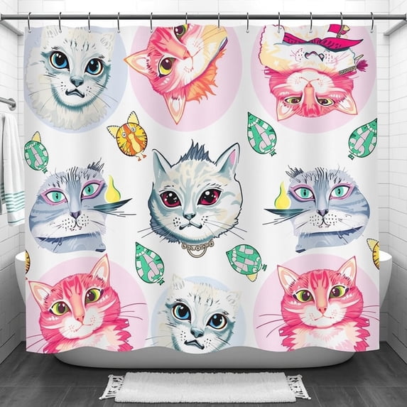 Whimsical Cartoon Cat Shower Curtain - Colorful Design with Pastel Circles