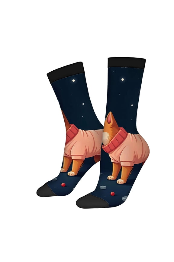 Whimsical Cartoon Cat Socks - 2 Pairs Unisex Trendy Design with Outer Space Theme Mixed Colors Perfect for All Seasons