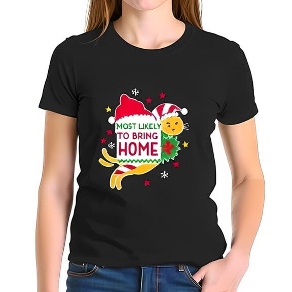 Whimsical Cartoon Cat in Santa Hat Cotton Short Sleeve T-Shirt - Festive Holiday Design with Cheerful Stars & Holly