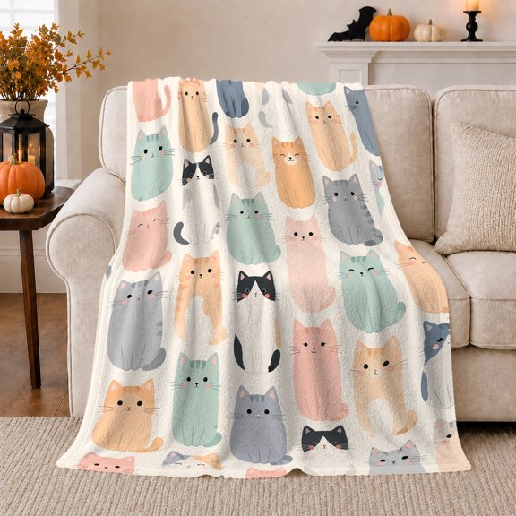Whimsical Cartoon Cats Pattern, Playful Pet Portrait Pattern, Warm Flannel Blanket for Living Room and Bedroom, Cat Lovers Just Because Gift, Pet Lover Home Decor