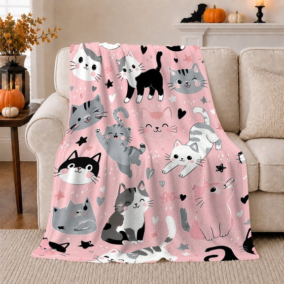 Whimsical Cartoon Cats Pink Playful, Playful Pet Portrait Pattern, Warm Flannel Blanket for Living Room and Reading Nook, Cat Lovers Friendship Gift, Pet Lover Home Decor