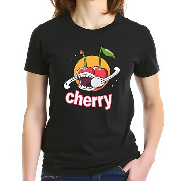 Whimsical Cartoon Cherry Graphic T-Shirt with Crossed & Sun - Fun Cotton Short Sleeve Tee