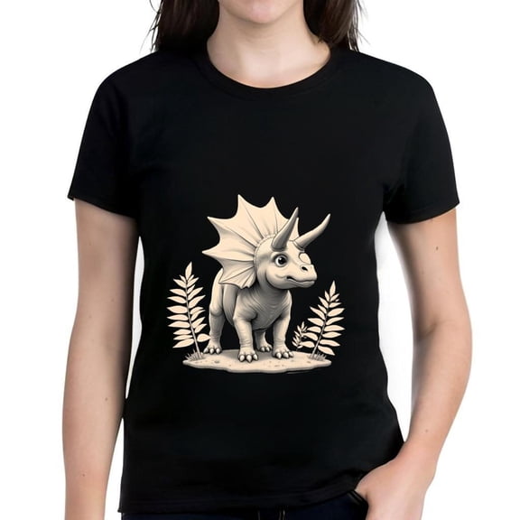 Whimsical Cartoon Cotton Short Sleeve T-Shirt for Women - Friendly Horned Dino Design with Fern Leaves on Black Background