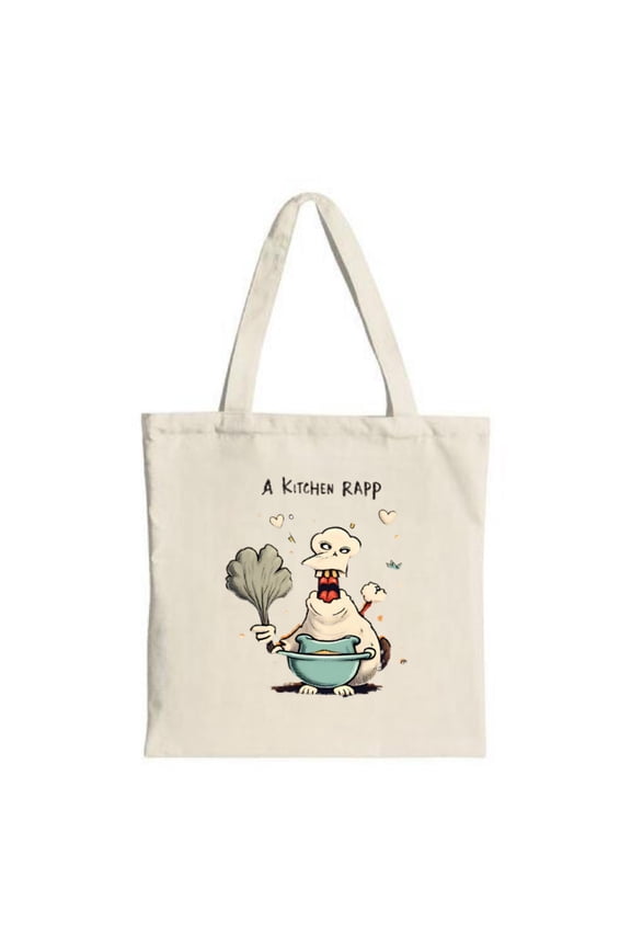 Whimsical Cartoon Creature Tote Bag - Spiky Grin Broom Design Hearts & Leaves - Perfect for Shopping Travel & Parties