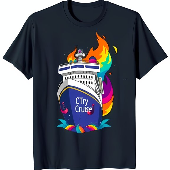 Whimsical Cartoon Cruise Ship T-Shirt Blue with Colorful Flame Design 'CTry Cruise' Graphic Tee
