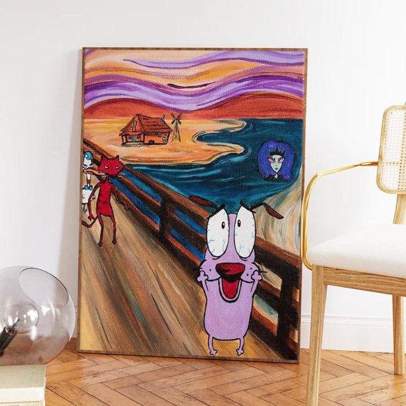 Whimsical Cartoon Dog Poster Surreal Sunset Bridge Art Home Decor, 8x12 UNFRAMED