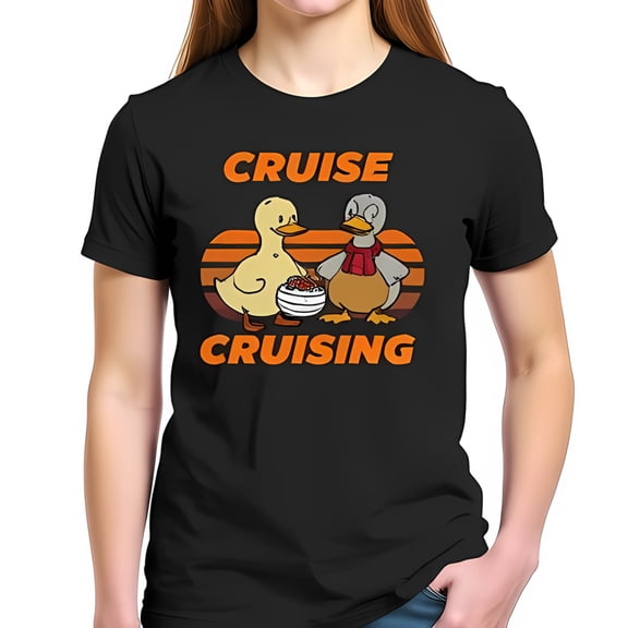 Whimsical Cartoon Ducks T-Shirt - Retro Sunset Design with 'CRUISE' & 'CRUISING' Text - Cotton Short Sleeve Tee