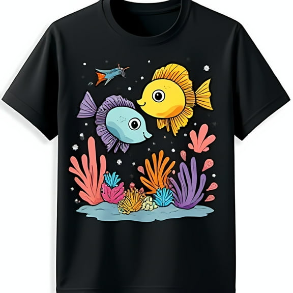 Whimsical Cartoon Fish T-Shirt Colorful Coral Reef Design on Black Tee