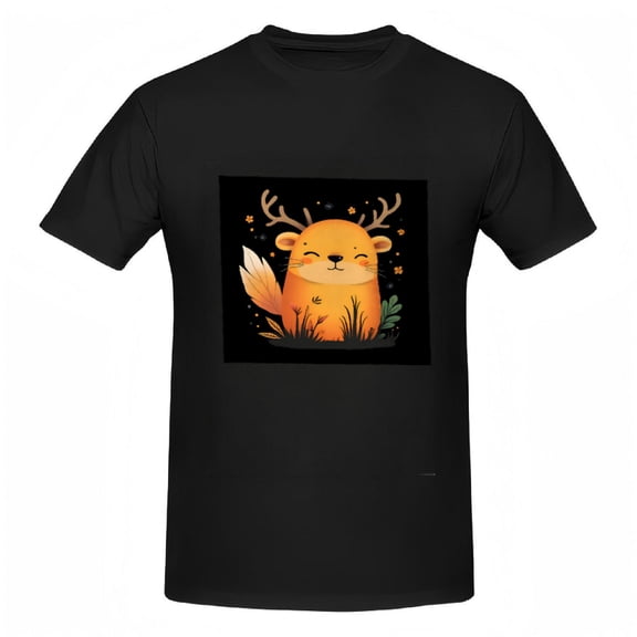Whimsical Cartoon Fox with Antlers Cotton Short Sleeve T-Shirt for Women - Cheerful Floral Design in Warm Orange Tones