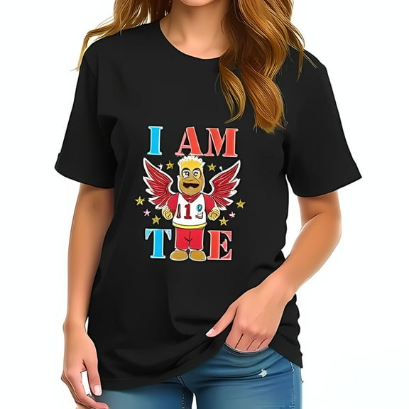 Whimsical Cartoon Graphic Tee - Black Cotton Short Sleeve T-Shirt with 'I AM THE' and Number 19 Design