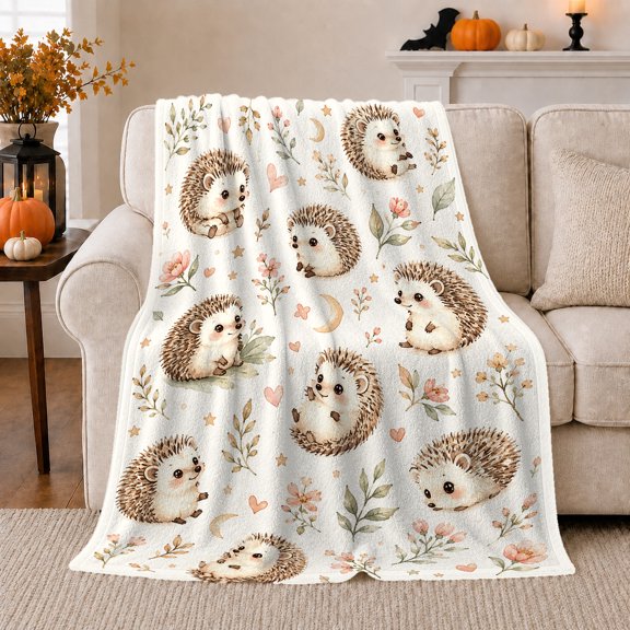 Whimsical Cartoon Hedgehog Pattern Pink, Playful Botanical Garden Scene, Warm Flannel Blanket for Sunroom and Reading Nook, Celestial Art Lovers Valentine's Day Gift, Fantasy Home Decor