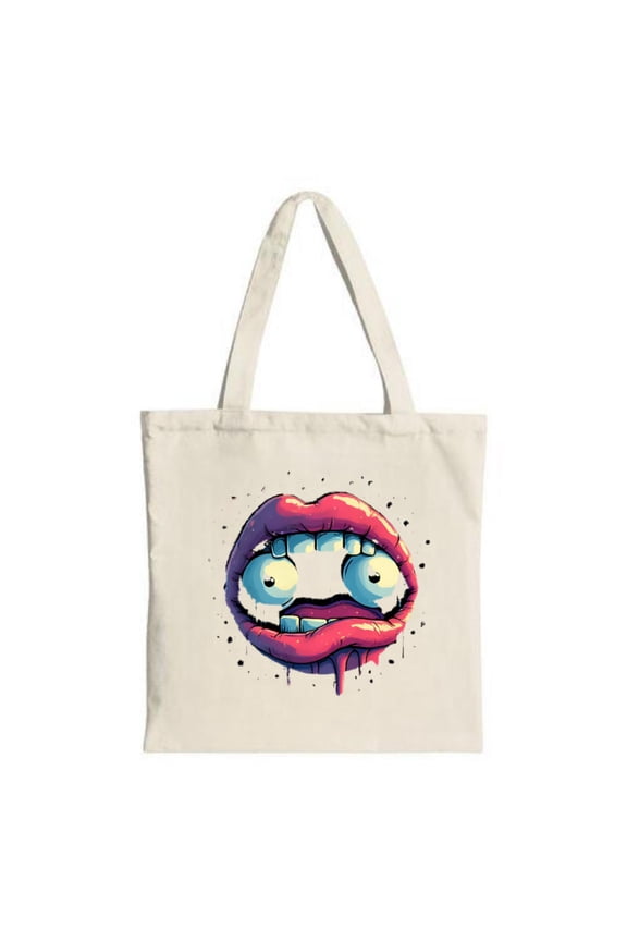 Whimsical Cartoon Lips Tote Bag - Glossy Pink Design with Playful Expression Perfect for Shopping Travel & Parties