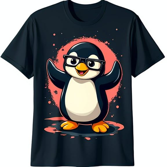 Whimsical Cartoon Penguin with Glasses on Pink Splattered Background T-Shirt