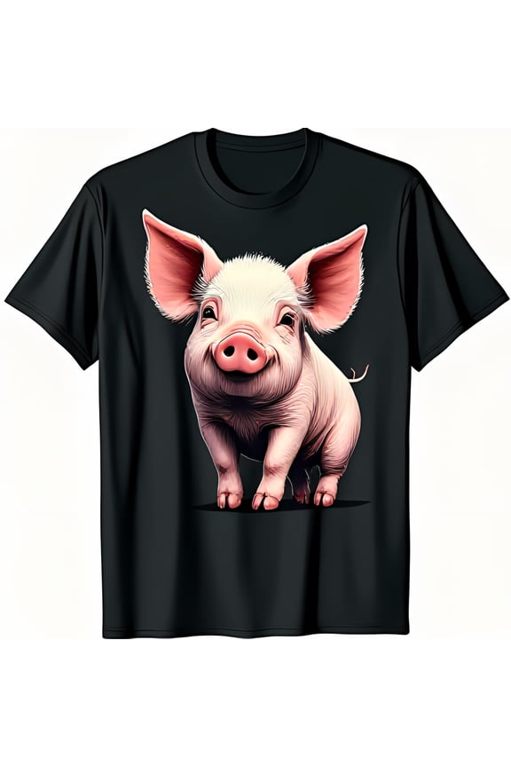 Whimsical Cartoon Pig Graphic Black T-Shirt for Fun Animal Lovers