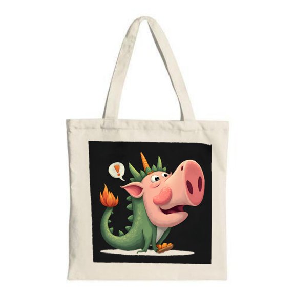 Whimsical Cartoon Pig Tote Bag - Green Body Orange Horns Flame Tail - Fun Multifunctional Canvas Bag for Shopping & Travel