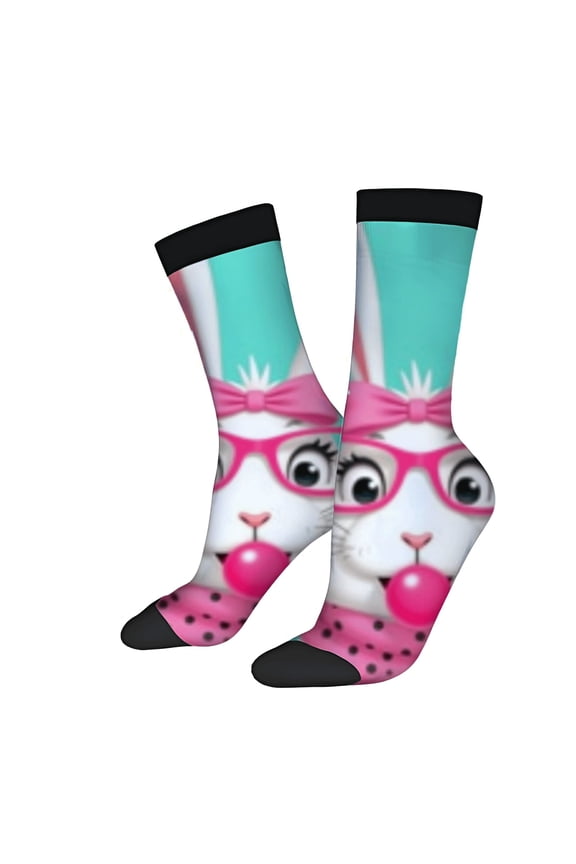 Whimsical Cartoon Rabbit Socks - 2 Pairs of Trendy Unisex Socks with Playful Pink Glasses & Candy Design Perfect for All Seasons